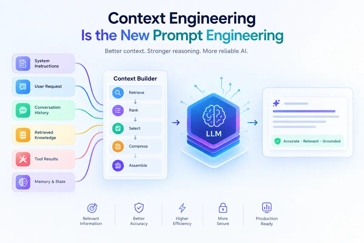 System instructions, user request, conversation history, retrieved knowledge, tool results and memory feeding a context builder that retrieves, ranks, selects, compresses and assembles context for an LLM, producing a grounded answer