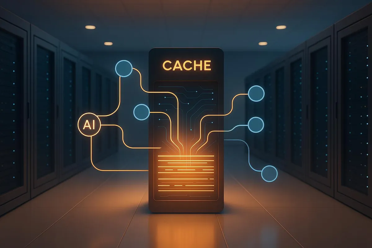 A glowing cache server in a dark data centre, with circuit lines connecting an AI node and other services to it