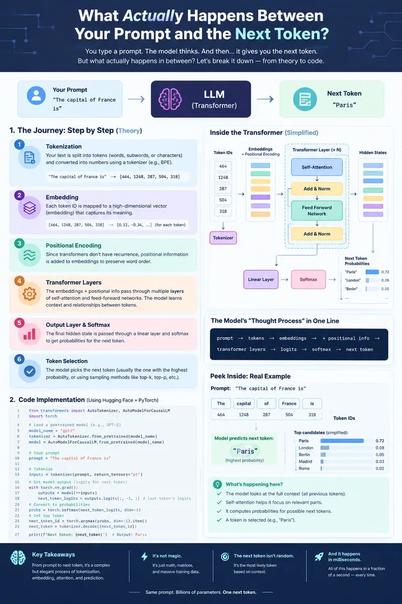Infographic of the journey from the prompt "The capital of France is" to the next token "Paris": tokenization, embedding, positional encoding, Transformer layers, output layer with softmax, and token selection, with a diagram of the Transformer layer, a Hugging Face code sample, and the top next-token candidates with their probabilities
